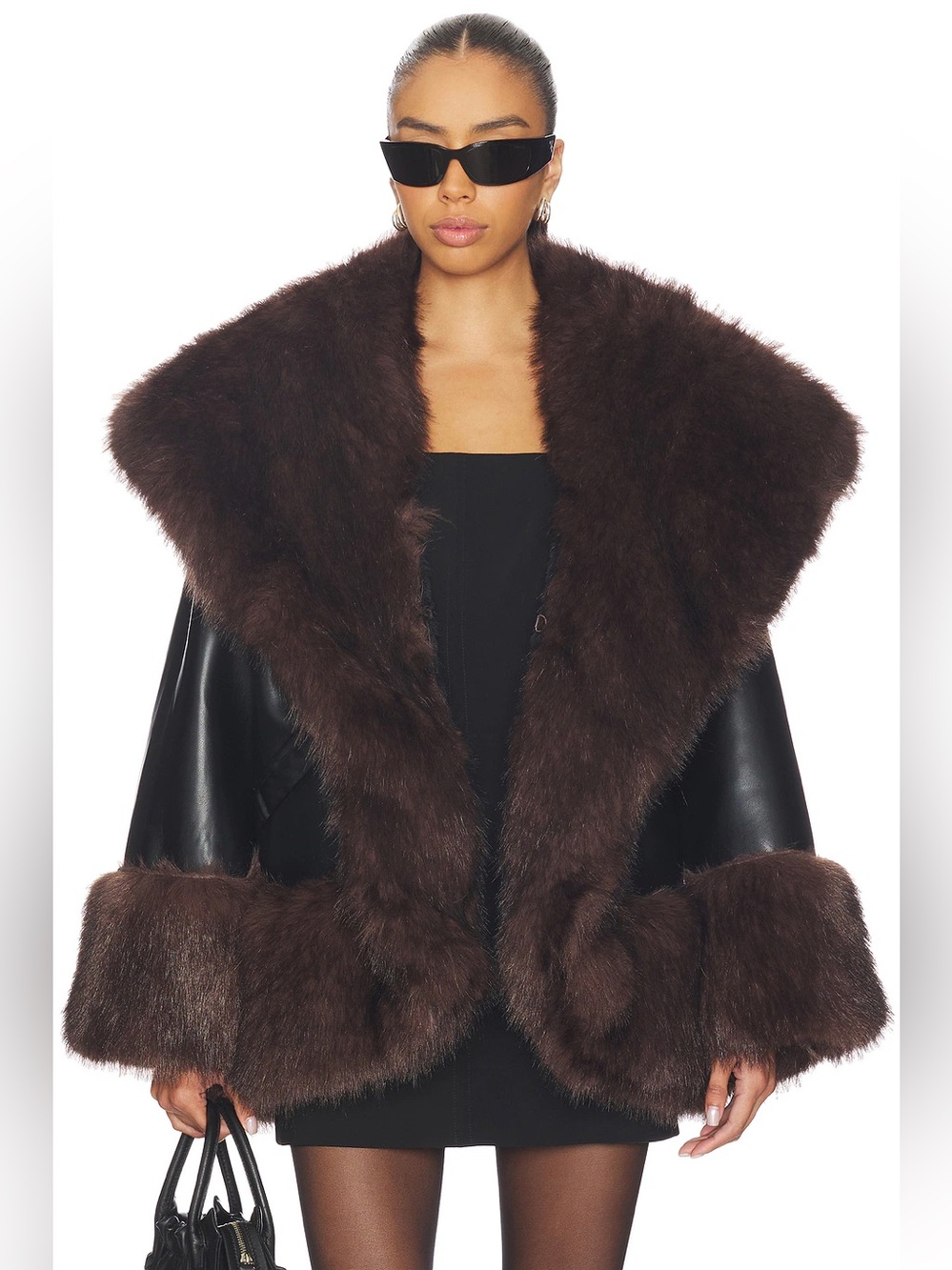 WEWOREWHAT Cocoon Faux Fur Jacket Black Large Faux Fake‎ Leather